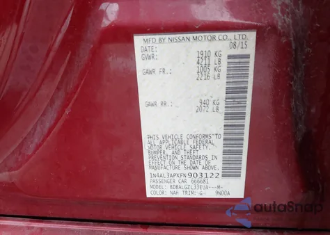 2015 Nissan Altima 2.5 S из США, поврежденный, VIN 1N4AL3APXFN903122